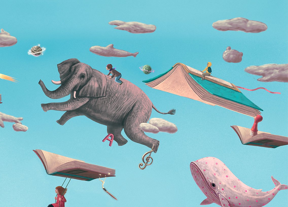 fliegender Elefant, Kinder mit Büchern